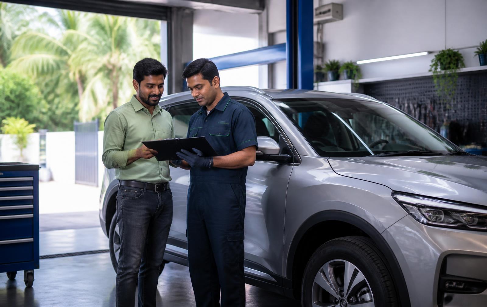 A vehicle owner and service technician reviewing vehicle records in a workshop